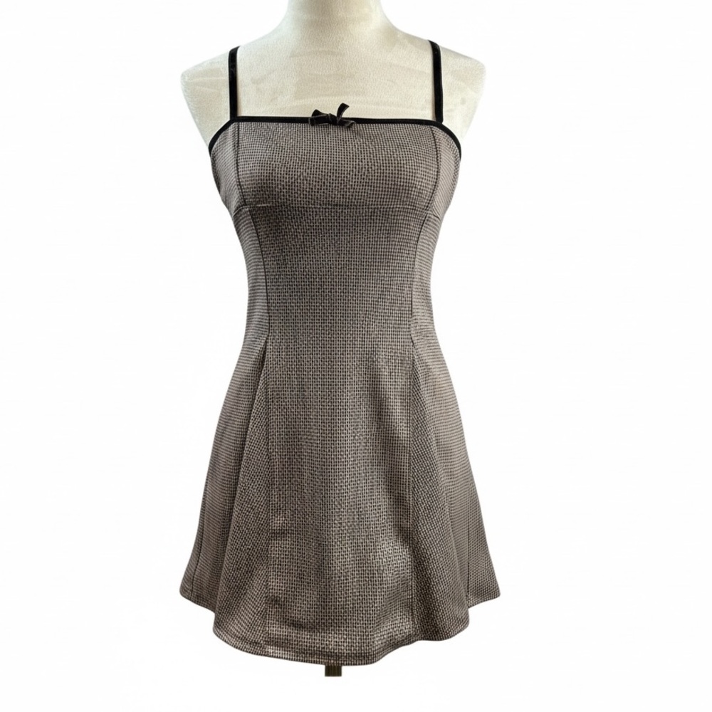 Kirious Los Angeles‎ Brown & White Checkered, Velvet Straps and Bow Mini Dress